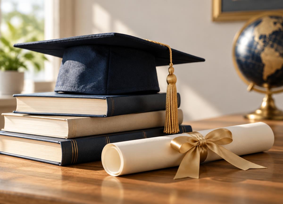 Graduation cap, diploma, and books representing a healthcare scholarship
